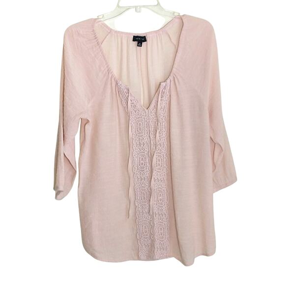 Spence Boho Tunic Top Women's Sz M Tan Adjustable Tie 3/4 Sleeve Pullover Lace - Picture 4 of 16